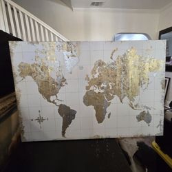 Large Gold & Silver Foil World Map Wall Art – Modern Metallic Canvas