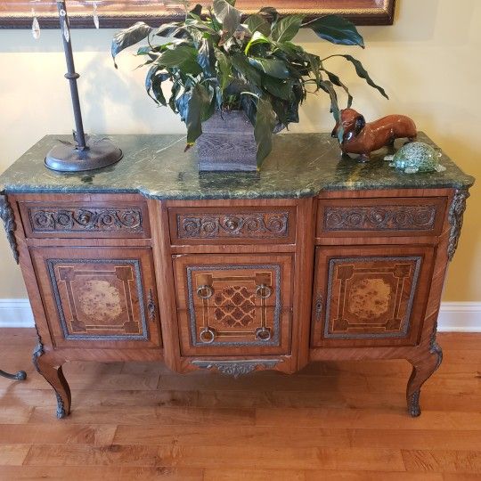 Antique Walnut Wood Green Marble Top Ornate Ormolu Commode Credenza Sideboard Buffet Cabinet