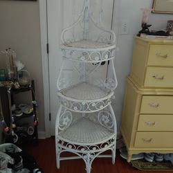 1960s white wicker rattan stand 3-tier corner