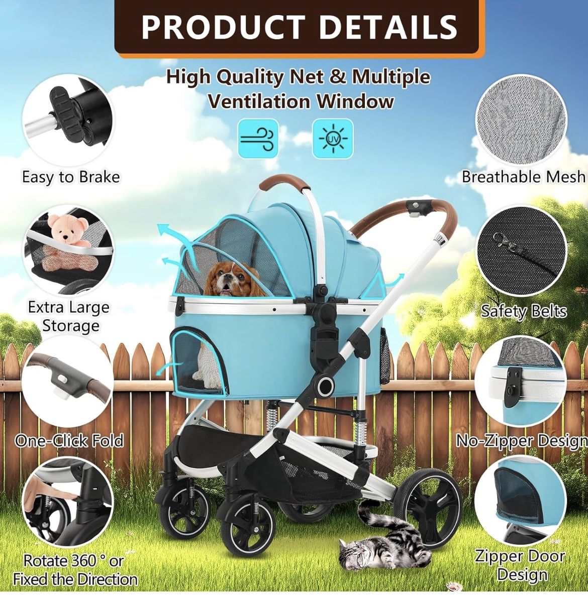 Ingborsa Pet Stroller 3 in 1 Folding Lightweight Dog Stroller with Detachable Carrier & Storage Basket, Premium 4 Wheels Travel Stroller for Puppies,