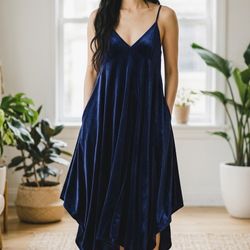 Love In Soft & Elegant Navy Velvet Slip Dress w/ Handkerchief Hem [New w/o Tags]