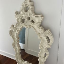 Large Vintage White Lacquered Rococo Ornate Wall Mirror – 61x32 Hollywood Regency Style