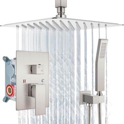 open box new Ceiling Mount Brushed Nickel 12 Inch Shower System Rain Luxury High Pressure Shower Com