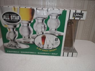 (7) Libby Sports Themed 16 Ounce Beer Glasses .  One Is Missing