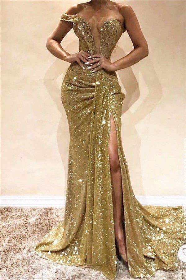 Bmbridal Gold Off-the-Shoulder Prom Dress Sequins Long Slit