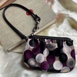 Coach Vintage Multicolor Purple Satin Signature Circles pattern Zip Wristlet Bag