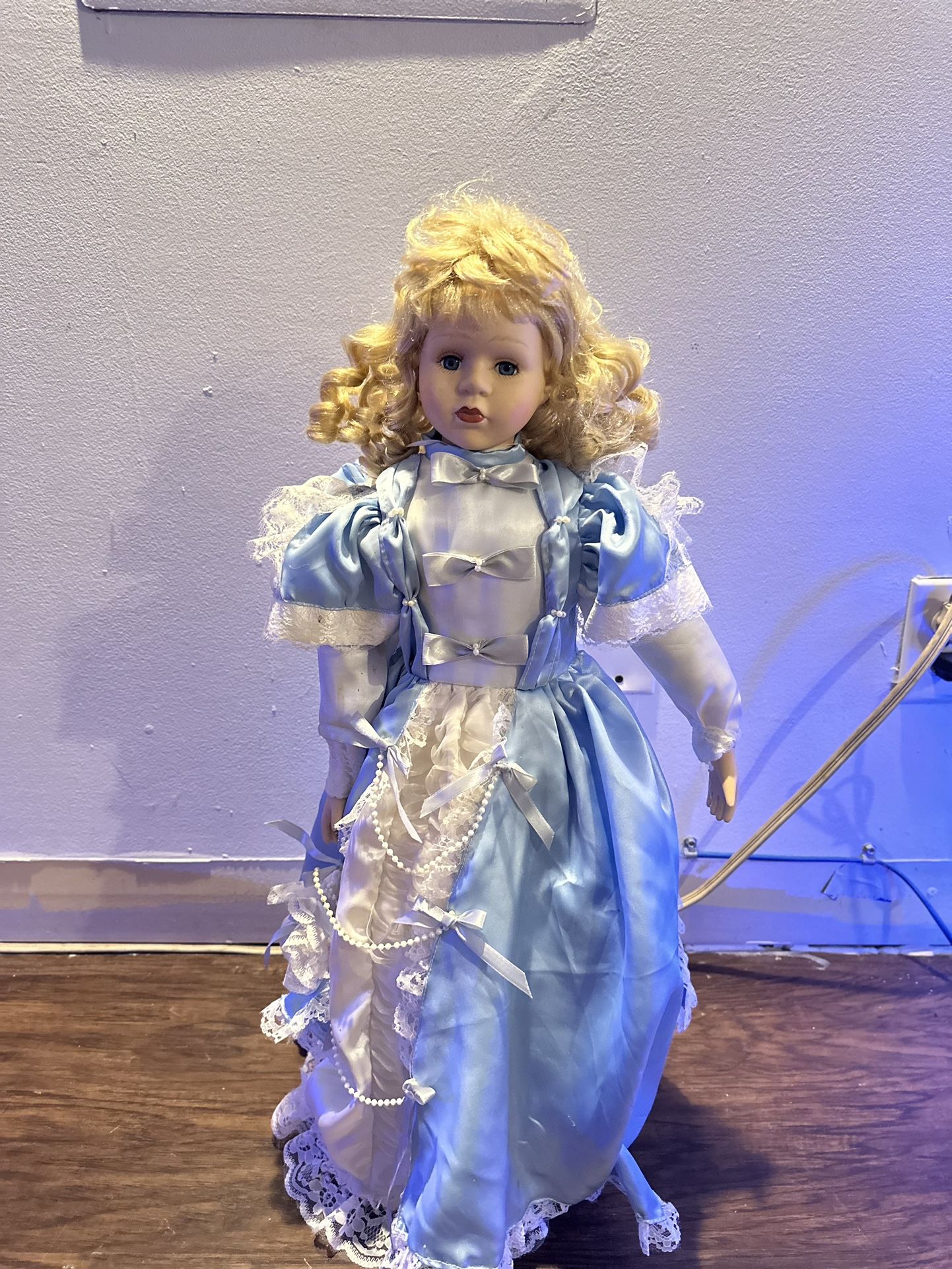 Curly Blond Bridesmaid Girl Standing Doll in Aqua Blue Dress