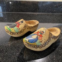 Vintage Folk Art Hand Carved Pair of Dutch Wooden Clogs with Metal Hangers