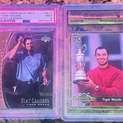 LOT- TIGER WOODS PSA 9 2001 UD STAT LEADERS RC & MINT 9 2001 LEGENDS RC GOLF CARDS