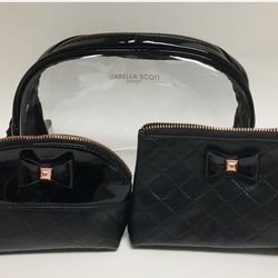 NEW 3 PC SET ISABELLA SCOTT BLACK PVC+ROSE GOLD COSMETIC,MAKEUP,TRAVEL BAG,POUCH 