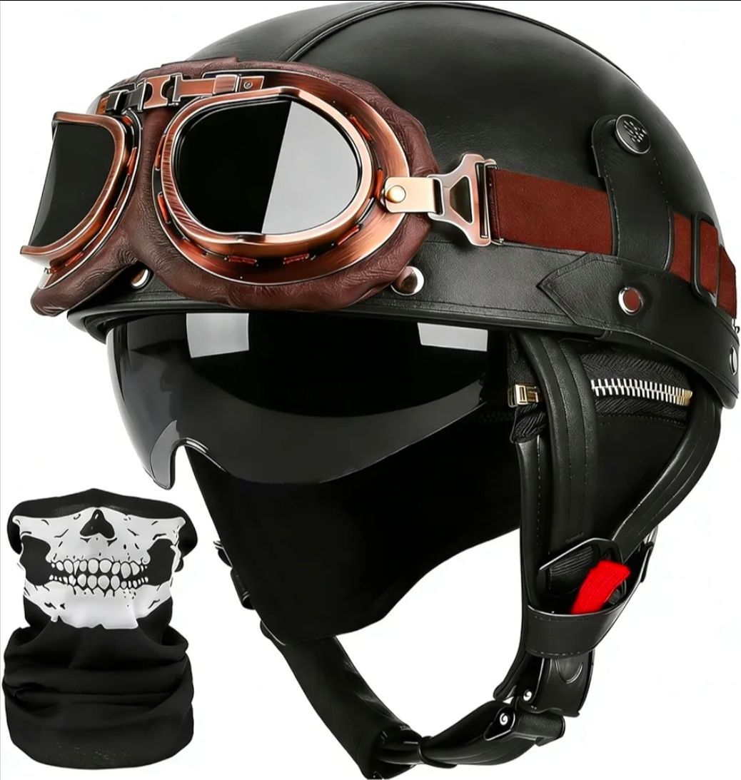German Style Motorcycle Helmets, Retro Leather Half Helmet, DOT Approved Adult Men Women Vintage Half Face Helmet, with Goggles, for Moped Bike Cruise