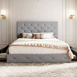 Queen Size Upholstered Platform Bed Frame with 4 Drawers Storage and Diamond Stitched Button Tufted Headboard, Light Grey