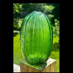 Vintage Blown Glass Green Textured Watermelon Shaped Vase 7.75”