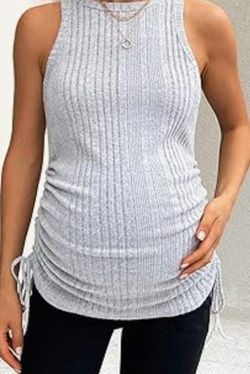 Maternity Tank Top – Ribbed Sleeveless Top with Drawstring Ruched Sides – Size Large – Gently Worn