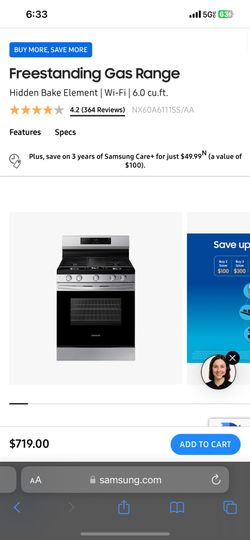Brand New Samsung 30” Gas Range Stainless Steel 