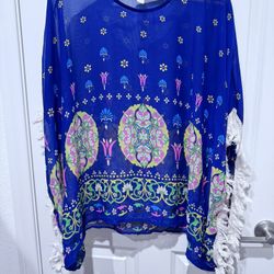 Candy Rose Womens Boho Bohemian Poncho Style Top Blouse Blue With Print L  / XL