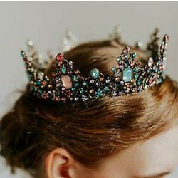 Vintage Baroque Crown Detailed Tiara Princess Queen Bridal Wedding Multicolor Dark Bronze Blue Pink   