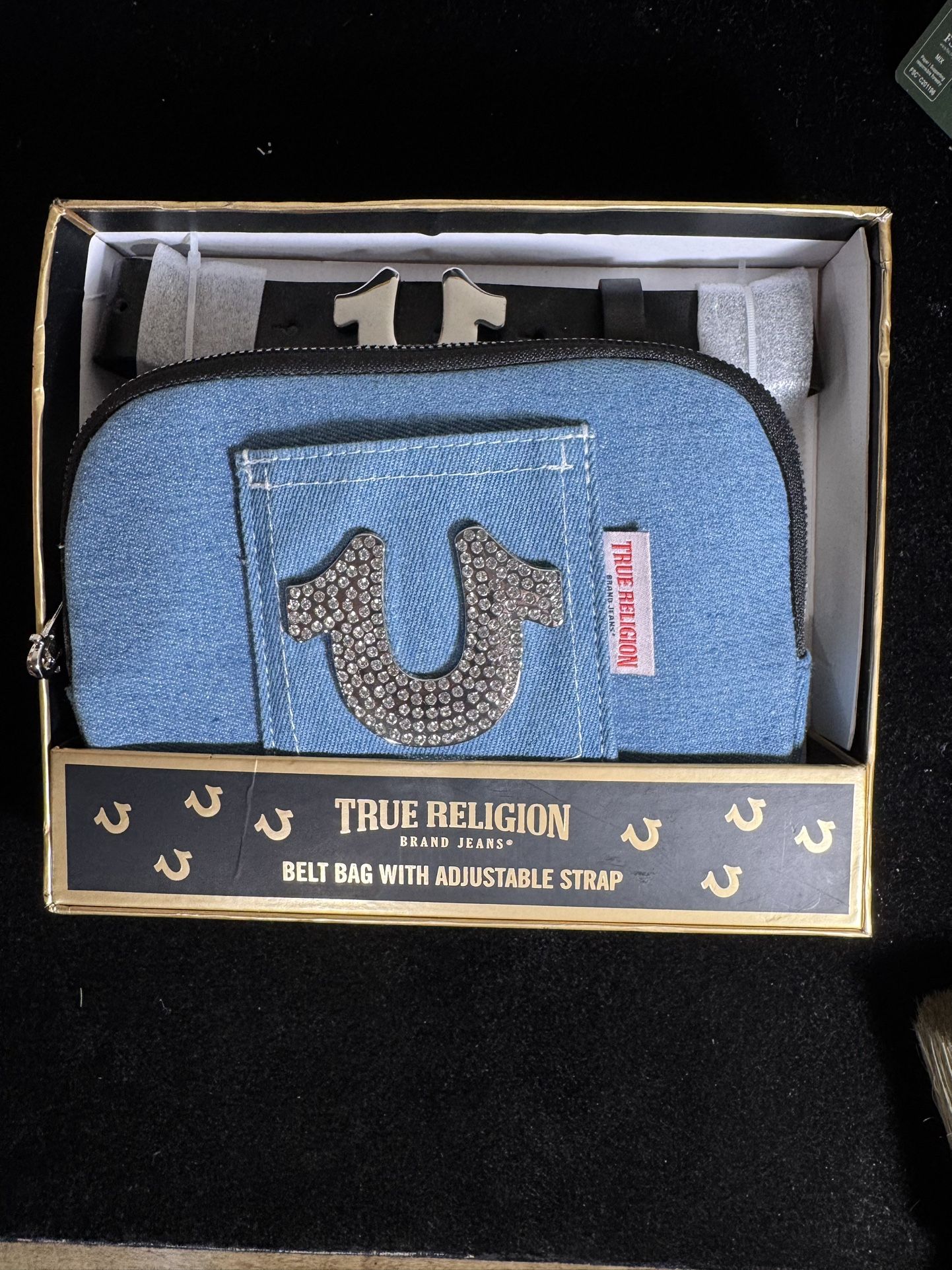 True Religion Denim Belt Bag w/ Adjustable Strap S/M New in Box Rhinestone Logo