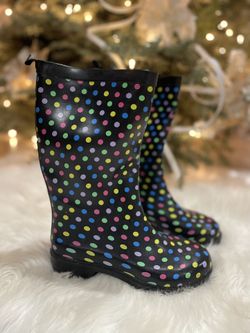 Womens Rubber Rain Boots Black With Color Polka dot Sz 6