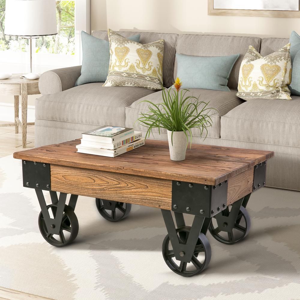 Harper & Bright - Brown/Black Medium Rectangle Wood Coffee Table with Casters