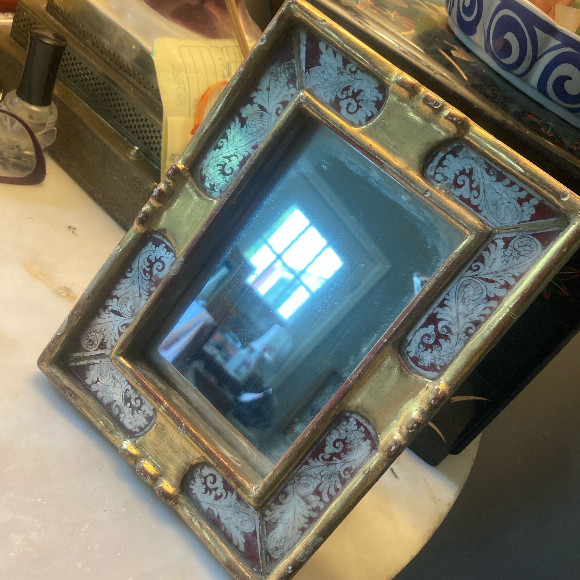 Vintage Mirror Ona Stand Wooden & Enamel