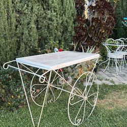 Vintage Rustic Wrought Iron Garden Decorative Wagon.  Patio Furniture. Delivery Available For Extra Fee. 
