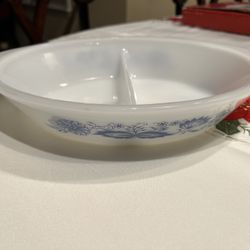 Vintage GlasBake White Divided Dish with Blue Flowers 