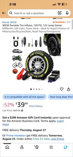 SEESE Portable Tire Inflator, 120 PSI, 12V Jump Starter 6000mAh, LED Light, Power Bank - Ideal for Rapid Inflation of Motorcycles/Bicycles/Balls, Road