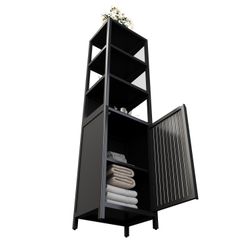 BLACK Storage Tall Slim Cabinet with Shutter Door and 3 Tier Shelves, Freestanding Linen Tower Cabinet for Living Room, Kitchen, Bathroom Organizer, N