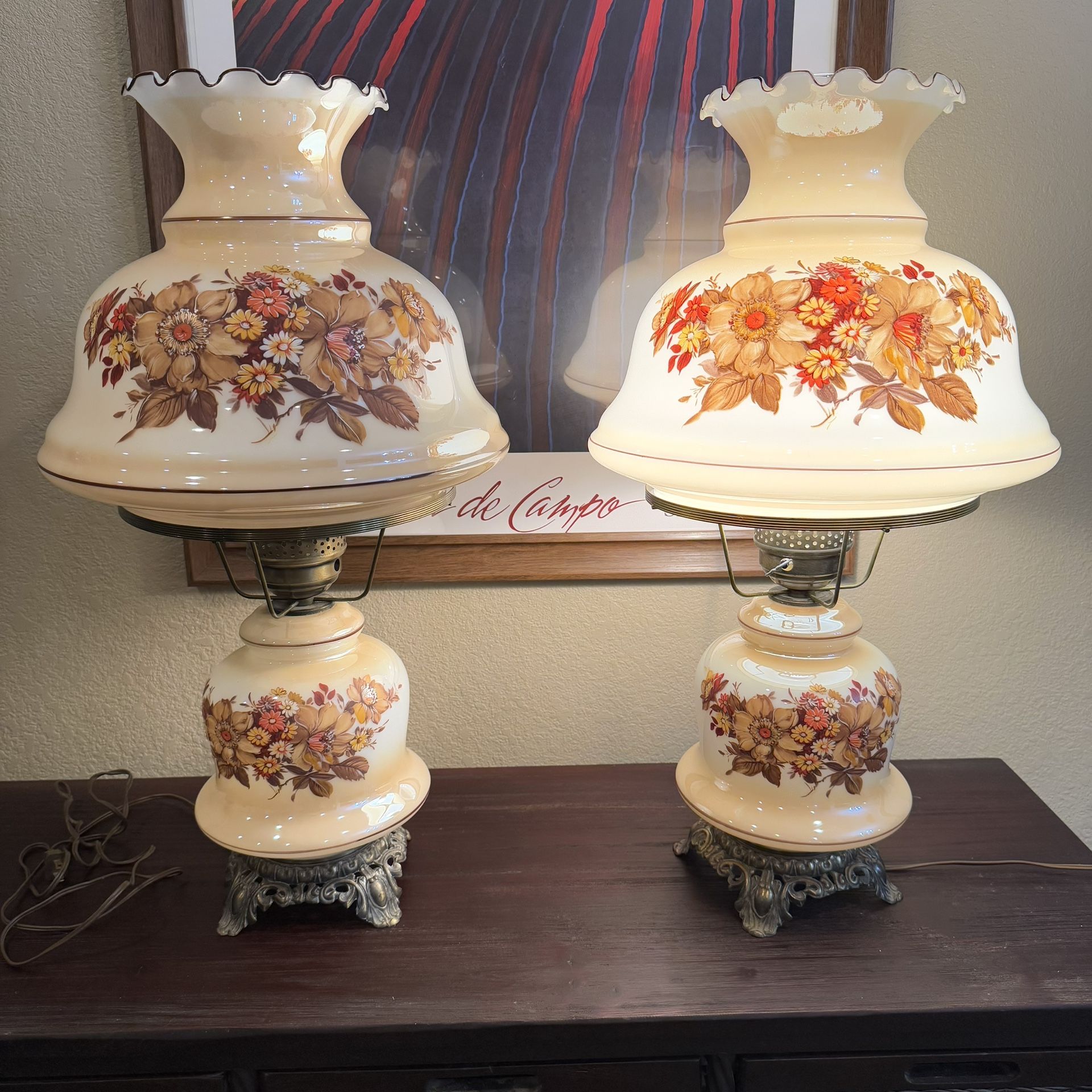 Vintage 1971 "Gone With The Wind" Floral Hurricane Lamps