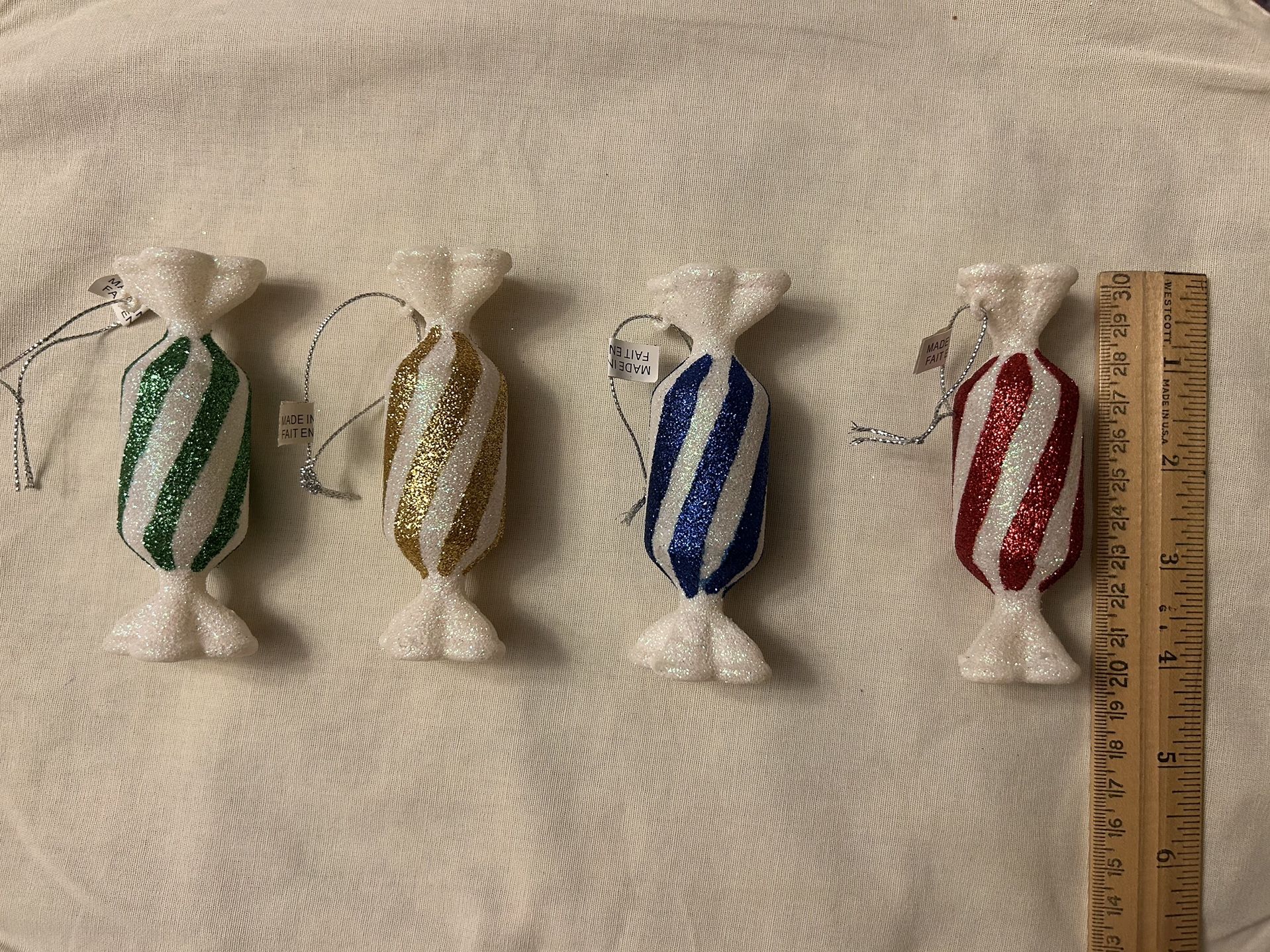 Set Of 4 AVON Festive Glitter Candy-Striped CHRISTMAS ORNAMENTS, New In Box
