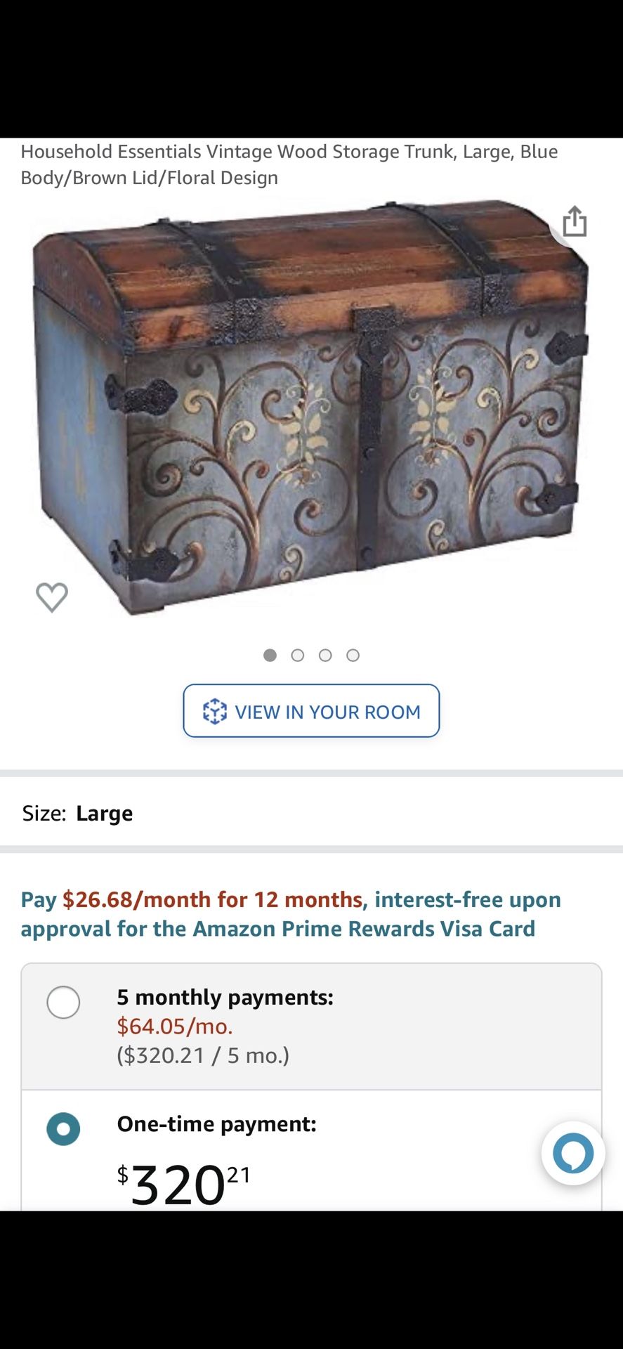 Vintage Wood Storage Trunk, Large, Blue Body/Brown Lid/Floral Design