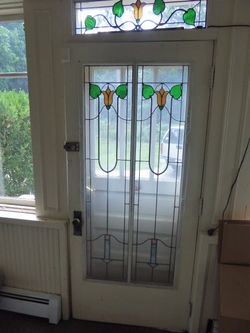 Antique Art Nouveau Stained Glass Exterior Door + Transom, Craftsman Era