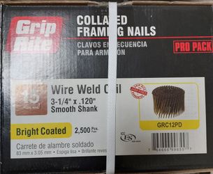 ➿️ Grip-Rite 3-1/4in. x 0.120in. 15°Wire Collated Bright Framing Nails 2500pcs