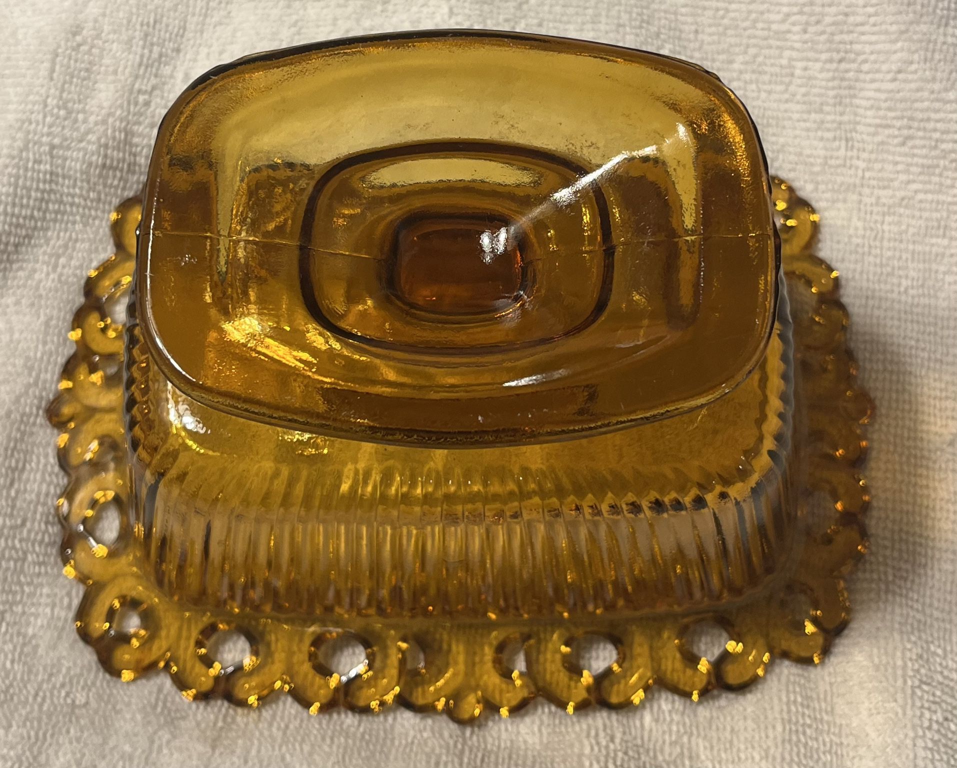 Vintage Indiana Glass Amber Footed Covered Candy Bowl