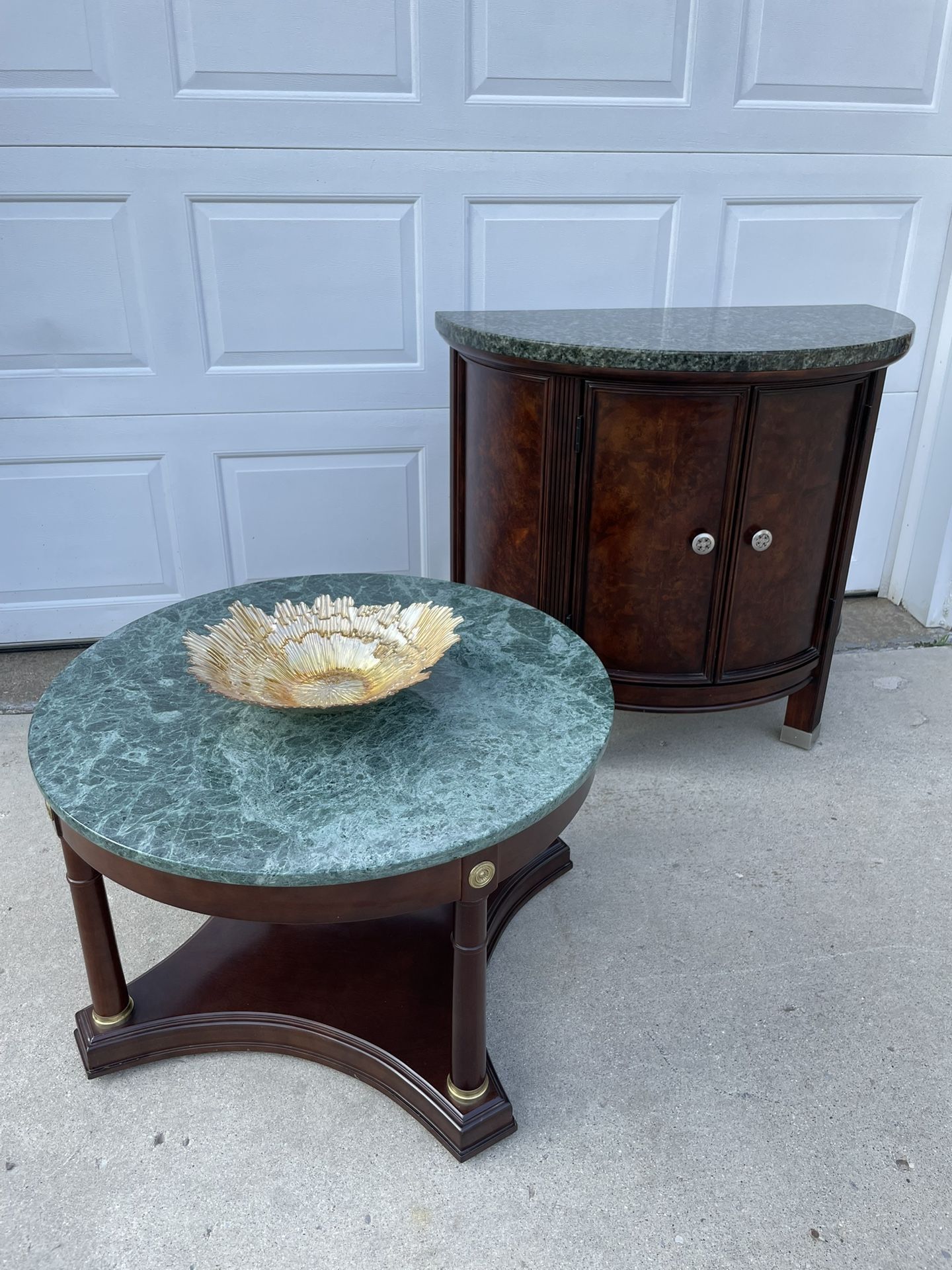Bombay Co Neoclassical Empire Style Mahogany Marble Top Coffee Cocktail Table, With Side Buffet Credenza.