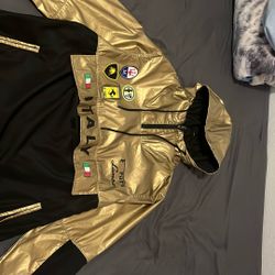 gold-and-black pullover windbreaker hoodie