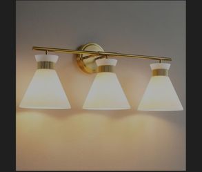 WOSHITU Bathroom Vanity Light Fixtures: 3-Lights Mid Century Modern Vanity Lights for Bathroom Over Mirror, Brushed Gold Wall Sconce Lighting with Fro
