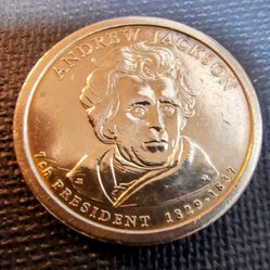2- Presidential Gold Tone Coins Andrew Jackson & John Adams In Good Circulated Condition.