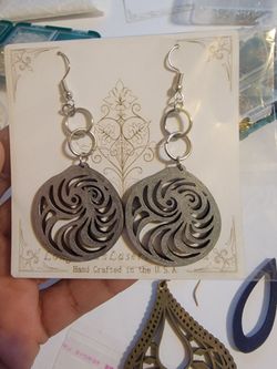 Gray  metallic ocean waves Wooden earrings