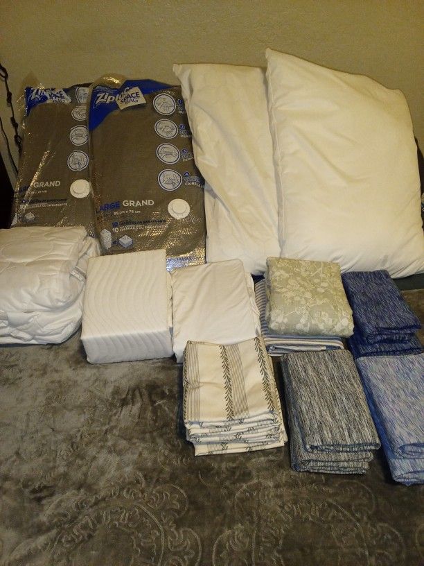 Bedding, Some New/Clean + Free Shower Curtains