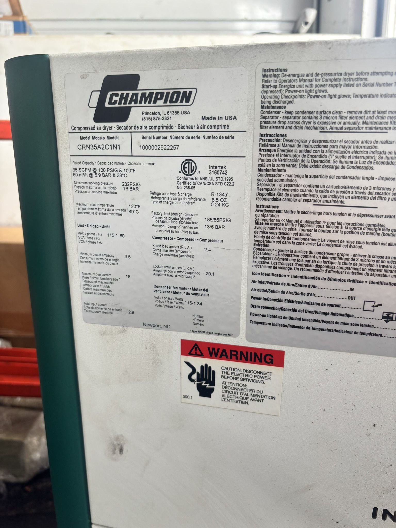 Champion Air Dryer CRN35A2C1N1