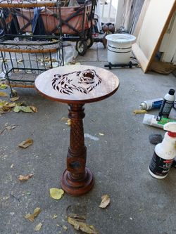 Wood Pedestal Side Table with Bear Engraving