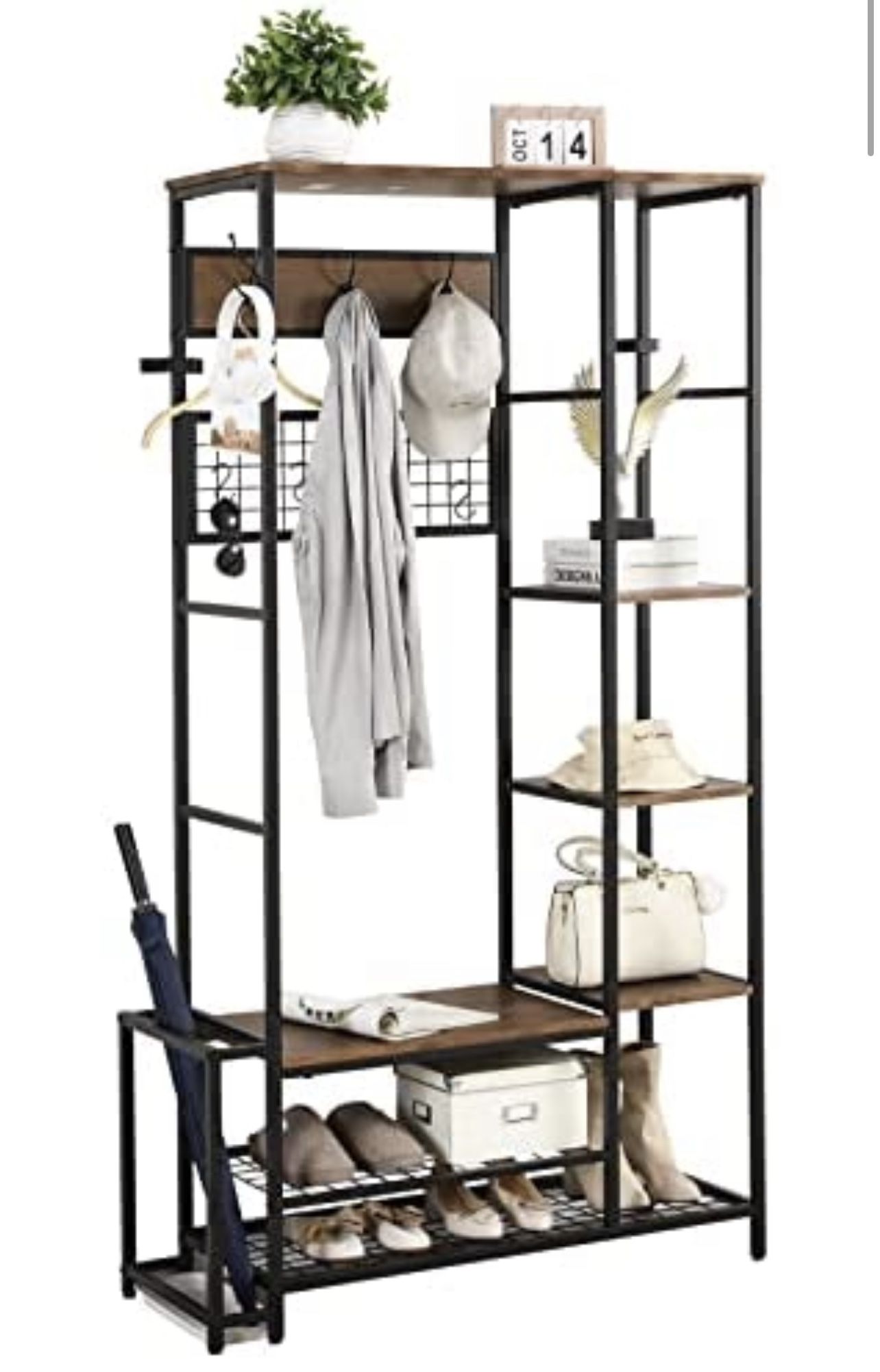 (brand new) OIOG Entryway Hall Tree Shoe Bench, Coat Rack with Storage Shelves and Hooks, Industrial Mudroom Storage Organizer for Home (Rustic Brown,