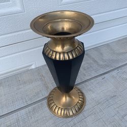Vintage Solid Brass & Black Trumpet Vase Fluted Rim Base MCM Art Deco Style 10”