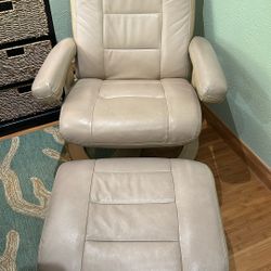 Beige Leather Recliner With Ottoman 