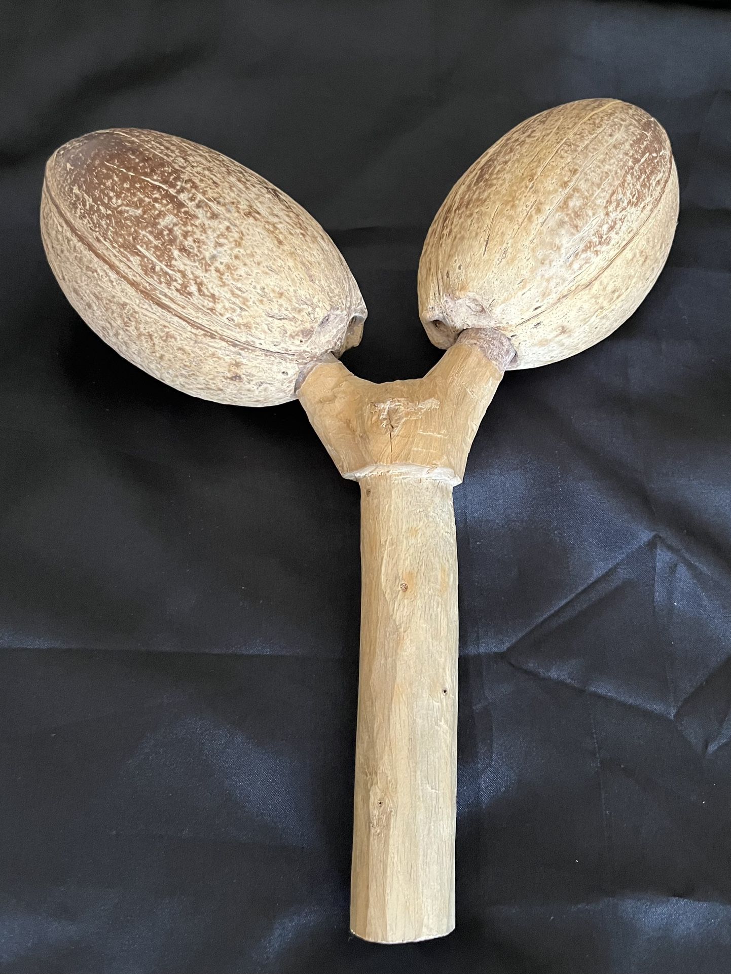 Double Coconut Rattle Rare Handmade 10” Shaker Wooden Handle