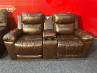 Brown Leather Reclining Loveseat with Console，$550