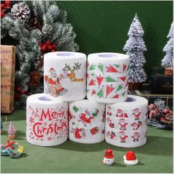 COHEALI Merry Christmas Toilet Paper 5 Rolls Merry Christmas Santa Claus Printed Disposable Paper Towels Xmas Theme Design Hand Roll Towels, 3.93X3.14
