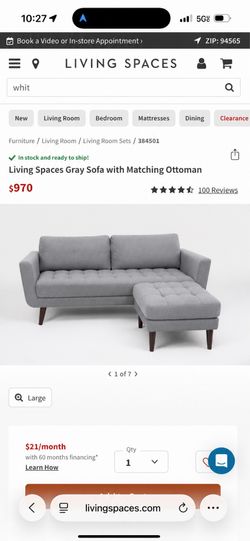 *Free Delivery* Living Spaces Mid-Century Modern Gray Sofa + Matching Ottoman